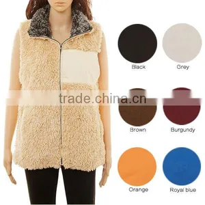 Wholesale Girls Plain Sleeveless Winter Faux Fur Warm Fur Monogrammed Sherpa Fleece Women Vest With Zipper and Pocket thumbnail-3