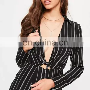 Black Striped Tie Front Shirt Ladies Jumpsuit thumbnail-4