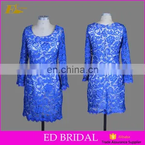 Cheap Royal Blue Scoop Neckline Knee Length Short Lace Pattern Evening Dress Long Sleeve thumbnail-1