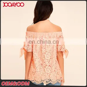 Women New Top Design Lovely Short Sleeve Off-the-Shoulder Peach Lace Top thumbnail-2