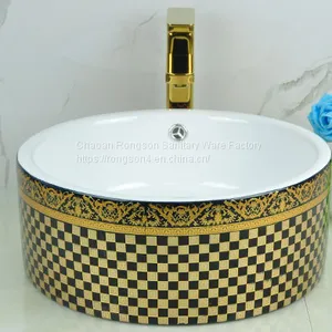 China Factory Gold Color Ceramic Counter Top Bathroom Basin thumbnail-1