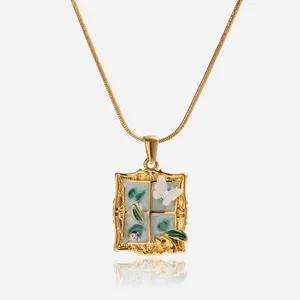 Custom Green Rhinestone Stainless Steel Necklace - 18K Gold Plated Fashion Jewelry thumbnail-1