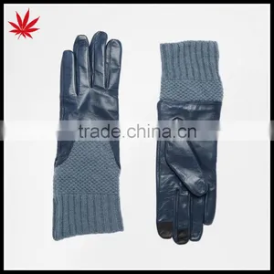 Ladies Navy Blue Leather Gloves With Long Knit Cuff Touch Screen Leather Gloves thumbnail-1