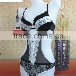 2016 Hot Sexy Front Open Black White Lace Lingerie Baby Teddie thumbnail-2