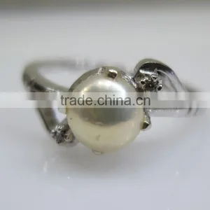 Sterling Silver Ring With Pearl & Diamond 2pc Natural Nontreated thumbnail-2