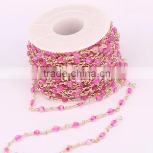 Rose Red Agate Faceted Round Bead Chain, Gold Wire Wrapped Rosary Chain Necklace Jewelry Findings thumbnail-1