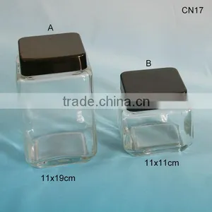 Clear Square Glass Mason Jar With Black Plastic Lid thumbnail-1