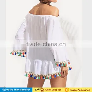 Boat Neck Long Sleeve Ruffle Loose Blouse White Plus Size off Shoulder Summer Beach Boho Blouse for Women 2017 thumbnail-3