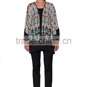 2015 New Satin Gowns Tassel Design Print Kimono Cardigan thumbnail-2