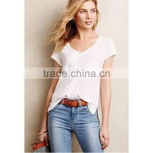 Women Knit White Cropped Tops V-neck Soft Cotton Blend Top Tee White T-shirts thumbnail-3