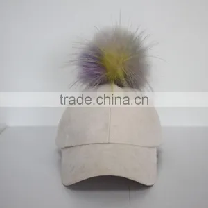 Myfur Man Suede Baseball Cap And Hat With Real Red Fox Fur Pom Puff thumbnail-4