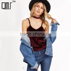 Velvet V-neck Top With Choker, Ladies Sexy Tank Top thumbnail-1