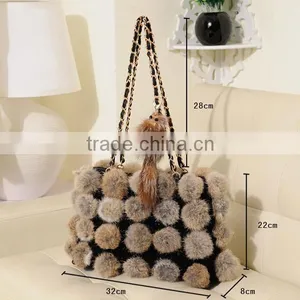 100% Real Rabbit Woman Bucket Handbag Rabbit Fur Ball Ladies Shoulder Bag thumbnail-1