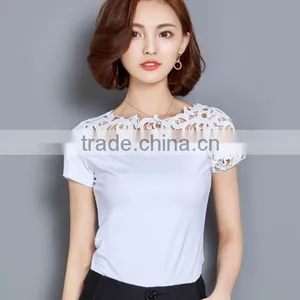 2017 New Design Sexy Women Tops Stitching Hollow Comfortable Women's Lace T-shirt thumbnail-4