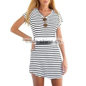 Women V Neck Short Sleeve Striped Loose T-Shirt Mini Dress OEM Service thumbnail-1