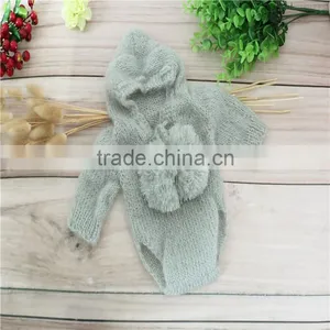 Newborn Knit Romper and Bonnet Sets Crochet Mohair Long Sleeve Hooded Romper Baby Girl Overall Newborn Onesie Photography Props thumbnail-1