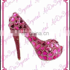 Aidocrystal Luxury Big Diamond Rhinestone Deep Pink Peep Toe Glitter Wedding Shose High Heel thumbnail-1