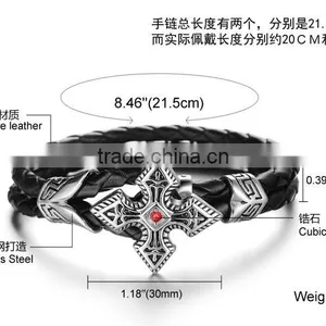 Genuine Cow Leather Weave Bracelets Titanium Steel Big Brand Vintga Antic Cross Man Bracelet thumbnail-5