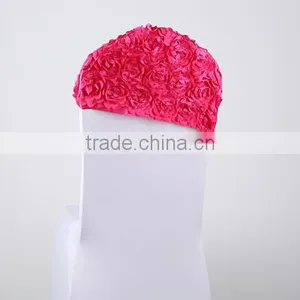 White Spandex Chair Cover With Plum Rosette Cap for Weddings thumbnail-1