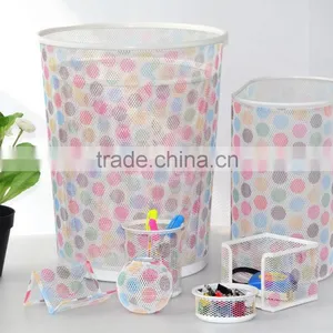Office Stationery Metal Mesh Round Waste Bin Colorful Printed Pattern Trash Can thumbnail-3