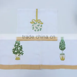 Linen Tea Towels. Set of 4 White Flowers in a Vase Embroidered Kitchen Towels. Shiny Gold Threads Embroidered Tea Towels thumbnail-2