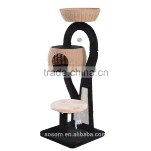 Pawhut 50" Cat Tree Tower With Woven Condo - Black/Beige thumbnail-1