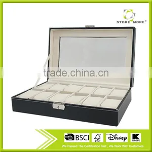 Store More Watch Box Large 12 Mens Black Leather Display Glass Top Jewelry Case Organizer thumbnail-1