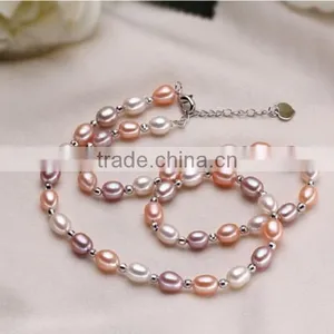 3-4mm Rice Shape Freshwater Pearl Necklace and Bracelet Sets thumbnail-2
