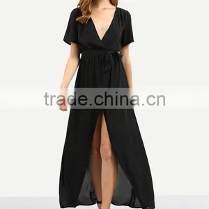 Woman Short Sleeve Black V Neck Tie Waist Chiffon Maxi Wrap Type Maxi Dress thumbnail-2