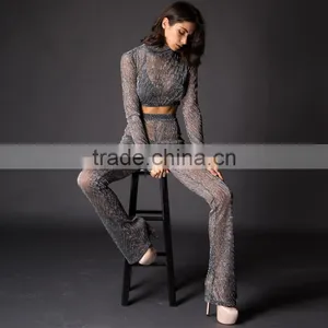 Runwaylover 084 Europe Style Ladies Two Piece Suits , Women Sexy Turtleneck Crop Top And Transparent Casual Pants thumbnail-2