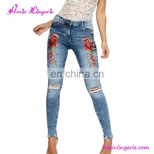 Latest Girls Light Blue High Waist Holes Embroidery Tight Jeans 2017 thumbnail-1
