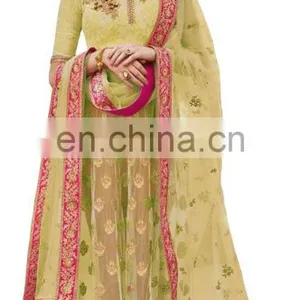 Wedding Wear Stylish Lime Yellow Color Lehenga Choli + Bottom Pant Style Anarkali Suits Dress Material 2017 thumbnail-2