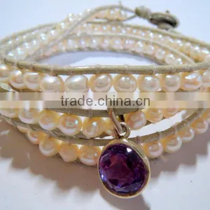 Freshwater Potato Pearl Leather Wrap Bracelets With 925 Silver Amethyst Charm thumbnail-1