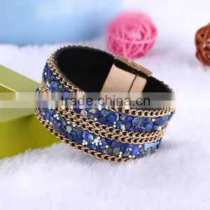 New Arrive Nature Stone Wide Crystal Velvet Magnetic Clasp Bracelet Bohemia Style For Women thumbnail-2