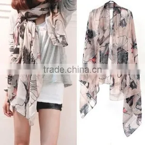 Khaki Begonia Flower Ink Style Long Cotton Neck Scarf Shawl thumbnail-1