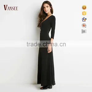 Plain Black Slim Fit Elegant Deep V Long Sexy Evening Dress thumbnail-1