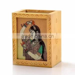 Rich Art And Craft Jaipur Gemstone Painted Handcrafted Wooden Pen Stand thumbnail-1