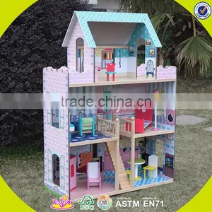 Wholesale Lovely Role Play Kids Wooden Dollhouse Delicate Style Children's Wooden Pink Dollhouse for Sale W06A032 thumbnail-5