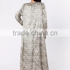 Women Polyester Spandex Blend Satin Leopard Open Front Longline Duster Coat thumbnail-4