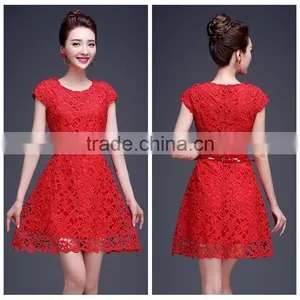 Newest Red Lace Plain Young Girl Short Sleeve Casual Dress thumbnail-1