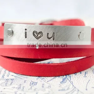 Personalized I Heart You Leather Wrap Bracelet, Custom Logo Hand-stamped Leather Bracelet, Adjustable Leather Wrapped Bracelet thumbnail-1