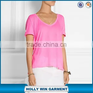 Womens Bright Color V Neck Basic T-shirt thumbnail-1