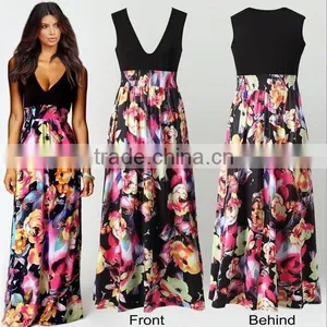 2016 NEW Fashion Print Floral Dress Deep V-neck Sleeveless Maxi Dress thumbnail-3