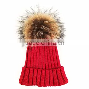 Myfur Lady Fashion Real Raccoon Fur Pompom Striped Knit Hat Wholesale thumbnail-2