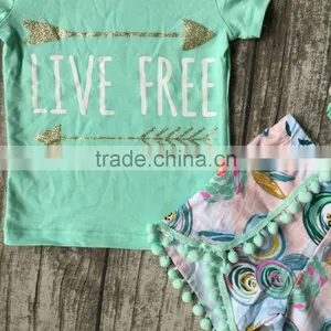 Baby Girls Summer Clothes Girls Children LIVE FREE Girl Outfits Kids Arrow Outfits Mint Top With Shorts With Accessories thumbnail-2
