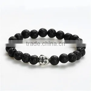 New Fashion Stone Lava Beaded Healing Bracelet Black Antique Silver Buddha Statue Head Elastic thumbnail-1