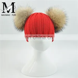 Wholesale Fashion Cheap Kids Knitted Hats Real Fur Two Poms Kids Hat Winter thumbnail-5