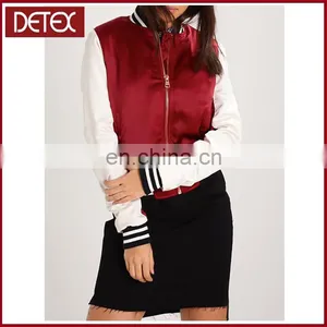 Lightly Padded Women Polyester College Plain Satin Baseball Jacket thumbnail-1