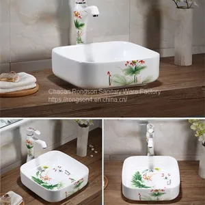 WC Sanitary Ware Colorful Ceramic Bathroom Hand Painted Sqaure Basin thumbnail-1