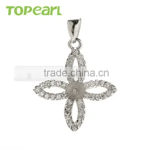 Four Petals 925 Sterling Silver Pendant Mountings Clear Cubic Zirconia Jewelry Findings & Components 9PM122 thumbnail-1